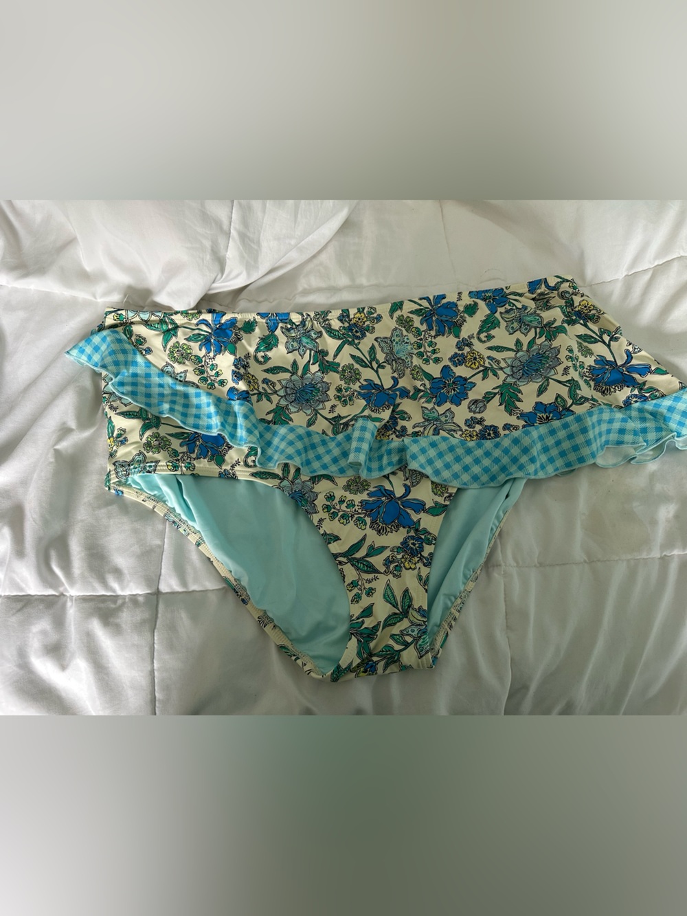 Woman’s High Waisted Swim Bottoms Floral, blue and teal Gingham - Lands' End